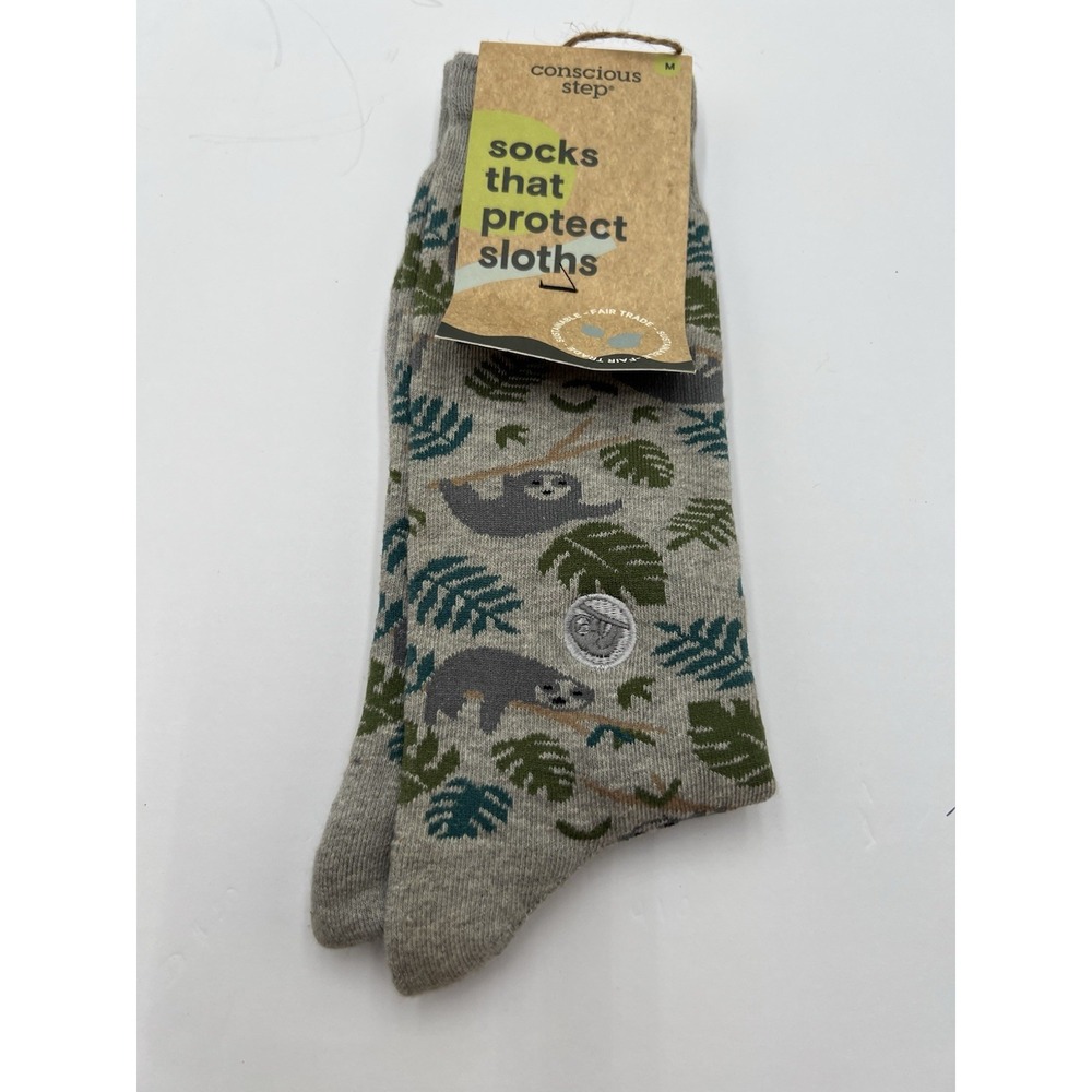 Conscious Step Socks That Protect Sloths Crew Socks Gray Size M NWT